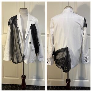 Adeptt white blazer with black tulle draping